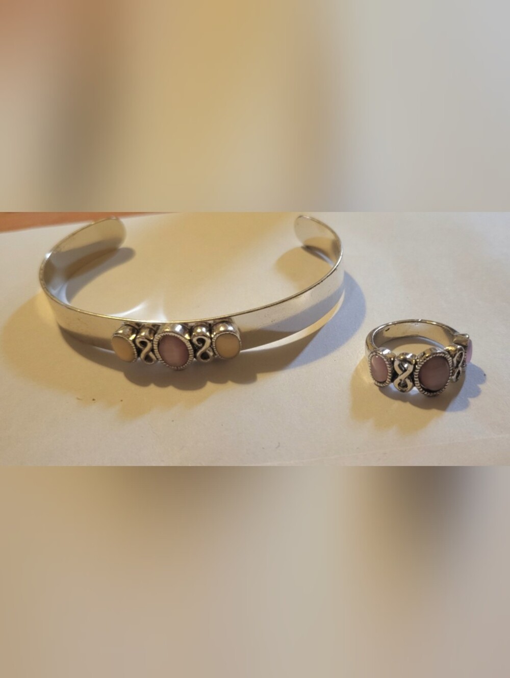Silver Bangle Bracelet And Ring Set  with Pastel Inlay